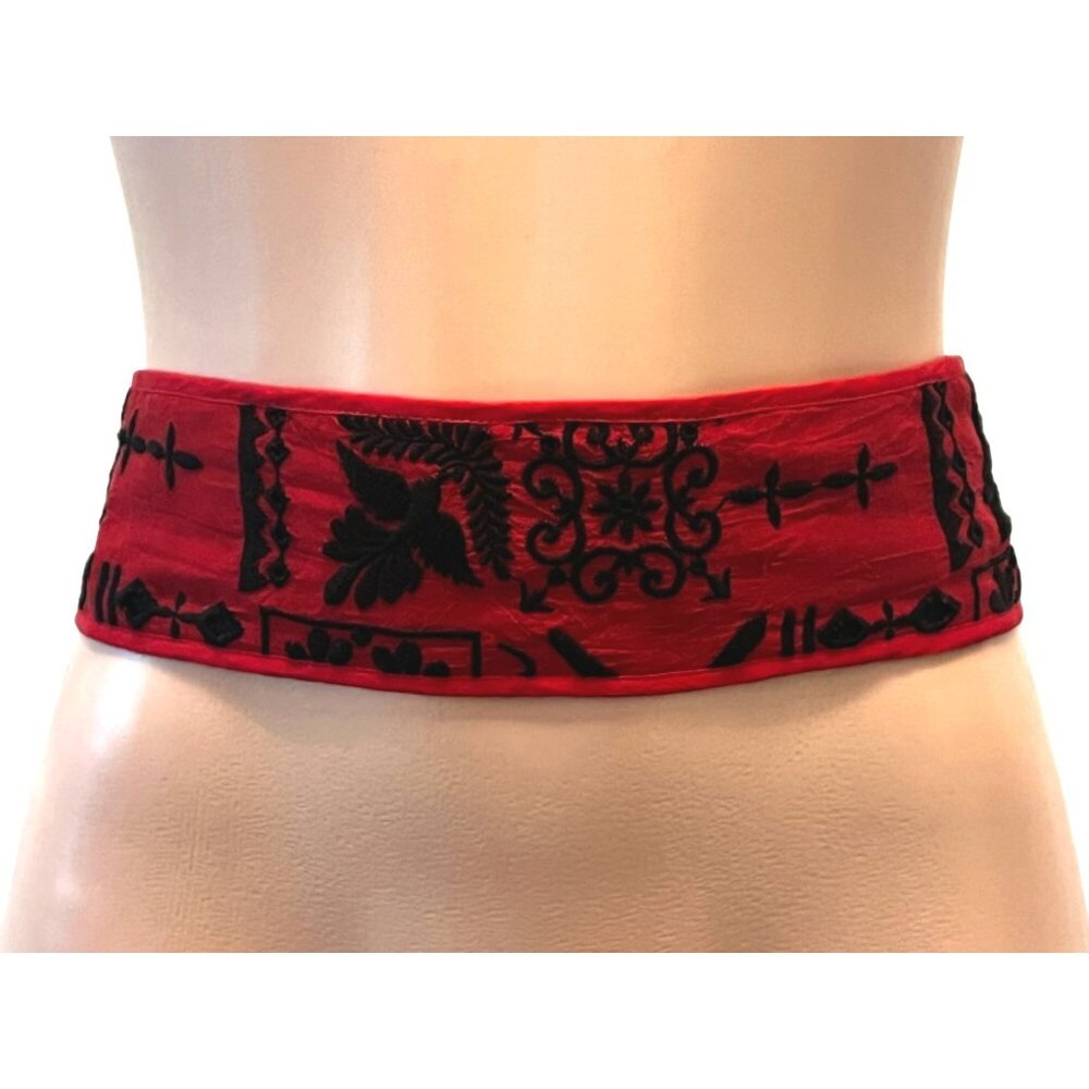 Johnny Was Red Embroidered Waist Belt with Black Motif